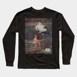 Baby and Stork Vintage Fairy Tale Illustration Long Sleeve T-Shirt